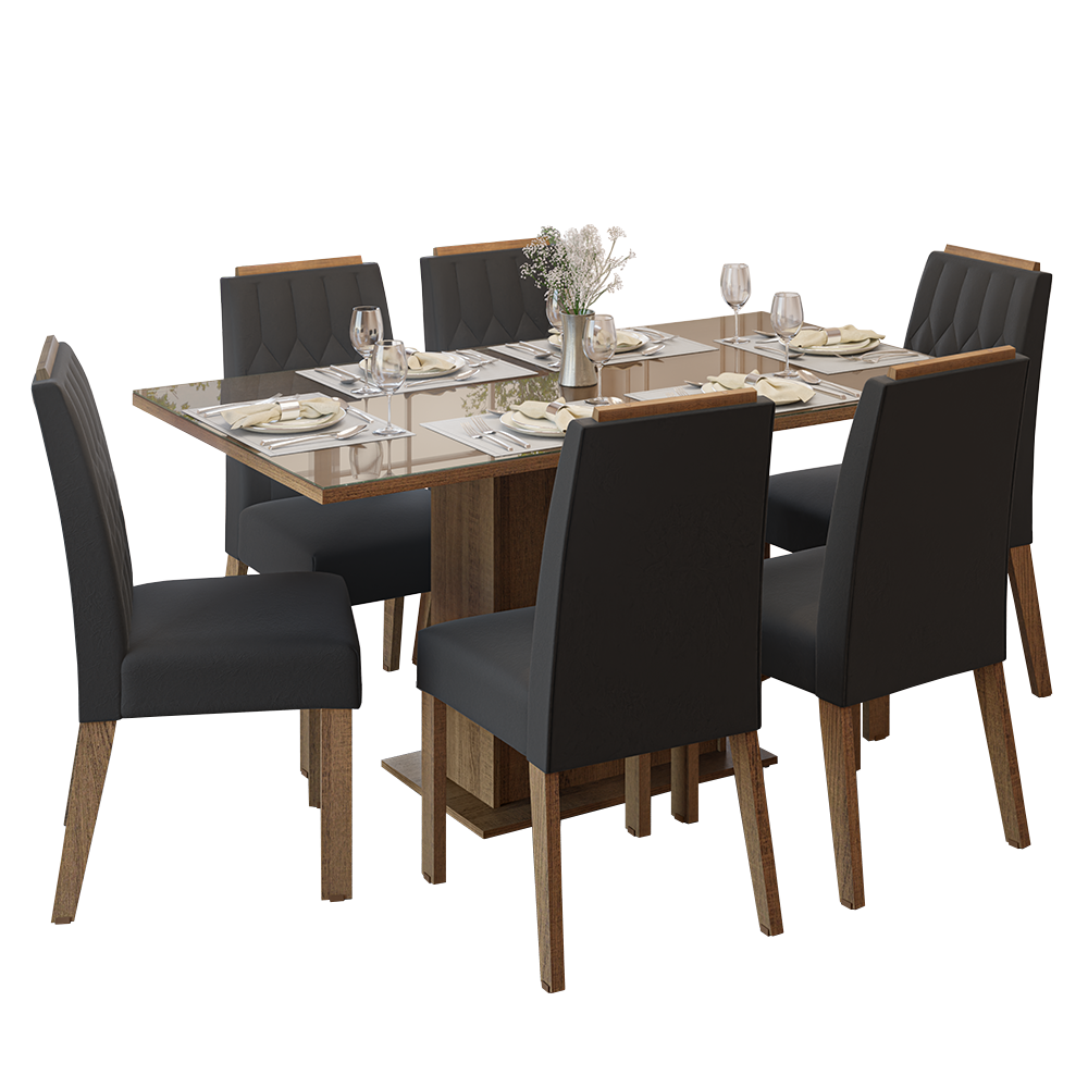 Conjunto Sala de Jantar Tampo de Vidro 6 Cadeiras Rustic/Oxford Azaleia Madesa