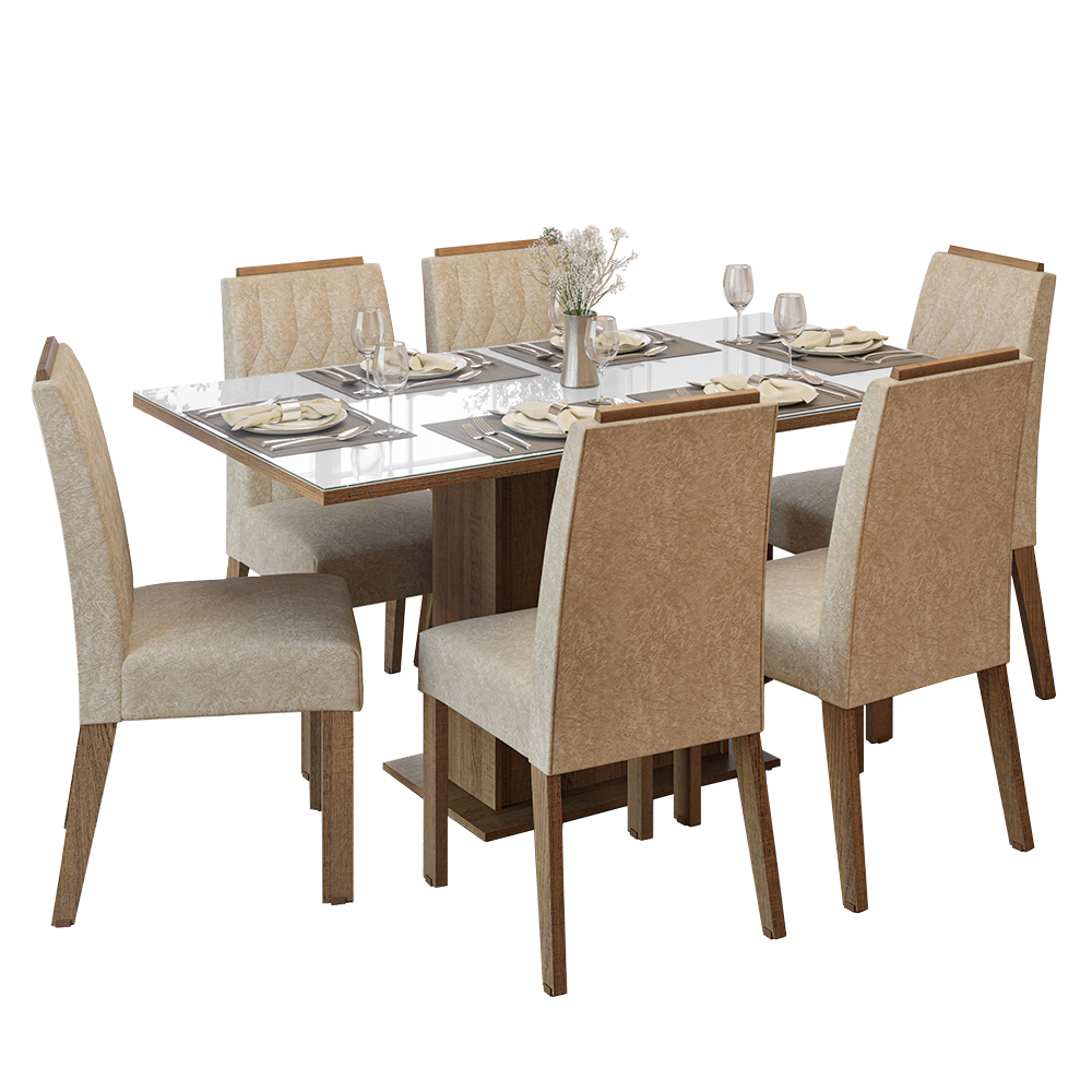 Conjunto Sala de Jantar Tampo de Vidro 6 Cadeiras Rustic/Branco/Imperial Azaleia Madesa
