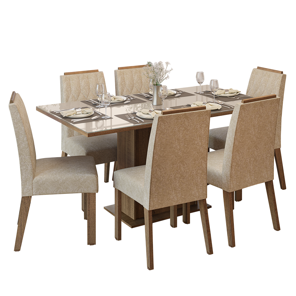 Conjunto Sala de Jantar Tampo de Vidro 6 Cadeiras Rustic/Crema/Imperial Azaleia Madesa