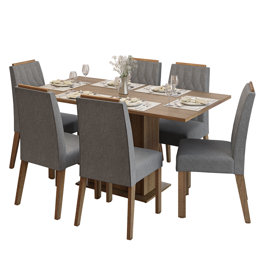 Conjunto Sala de Jantar Tampo de Madeira 6 Cadeiras Rustic/Silver Bosque Madesa