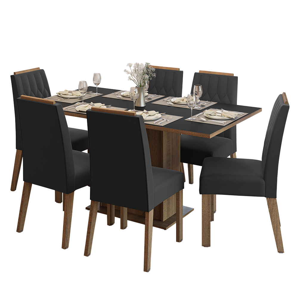 Conjunto Sala de Jantar Tampo de Madeira 6 Cadeiras Rustic/Preto/Oxford Bosque Madesa