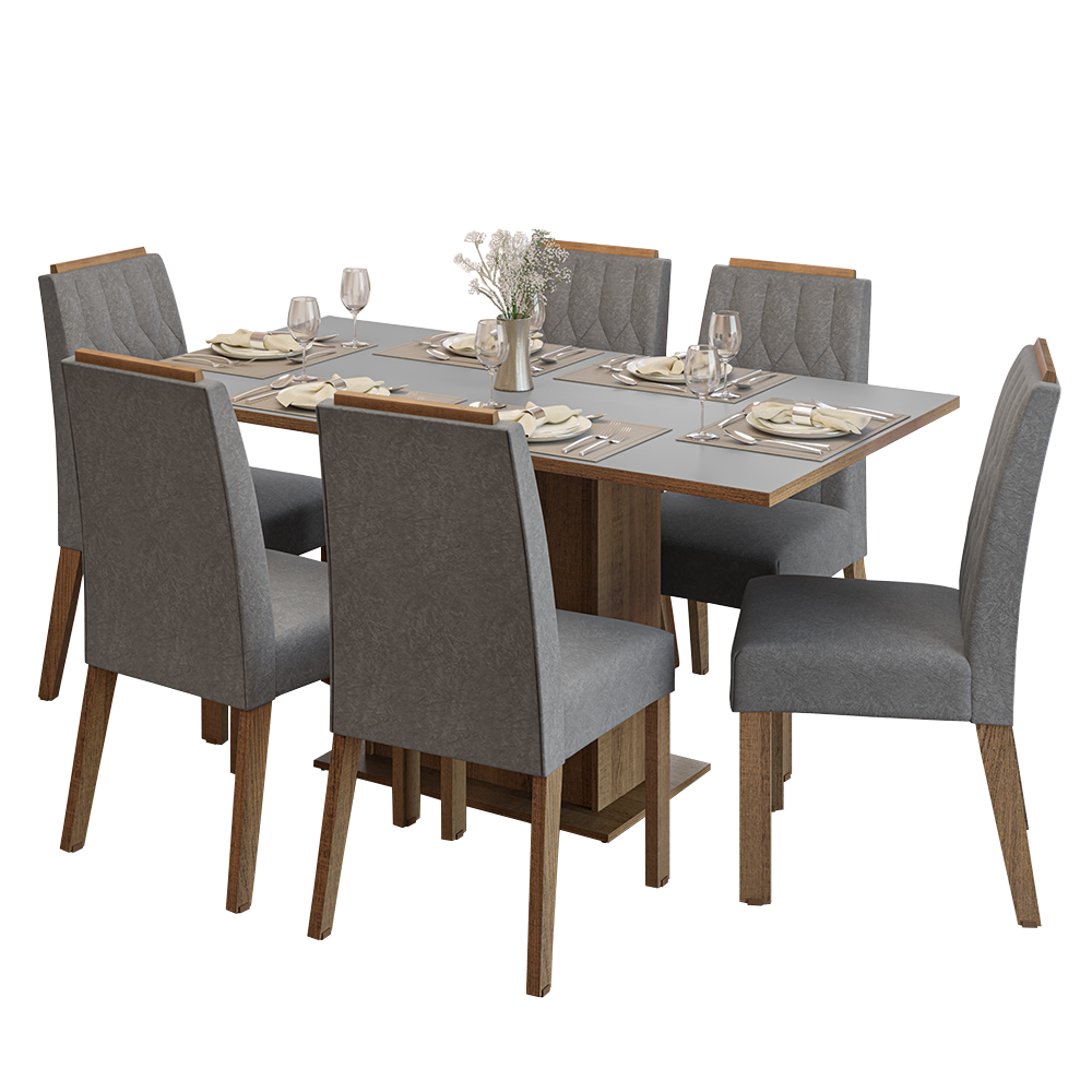 Conjunto Sala de Jantar Tampo de Madeira 6 Cadeiras Rustic/Cinza/Silver Bosque Madesa