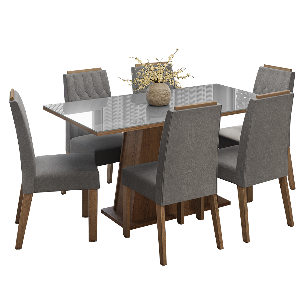 Conjunto Sala de Jantar Tampo de Vidro 6 Cadeiras Rustic/Cinza/Silver Peônia Madesa