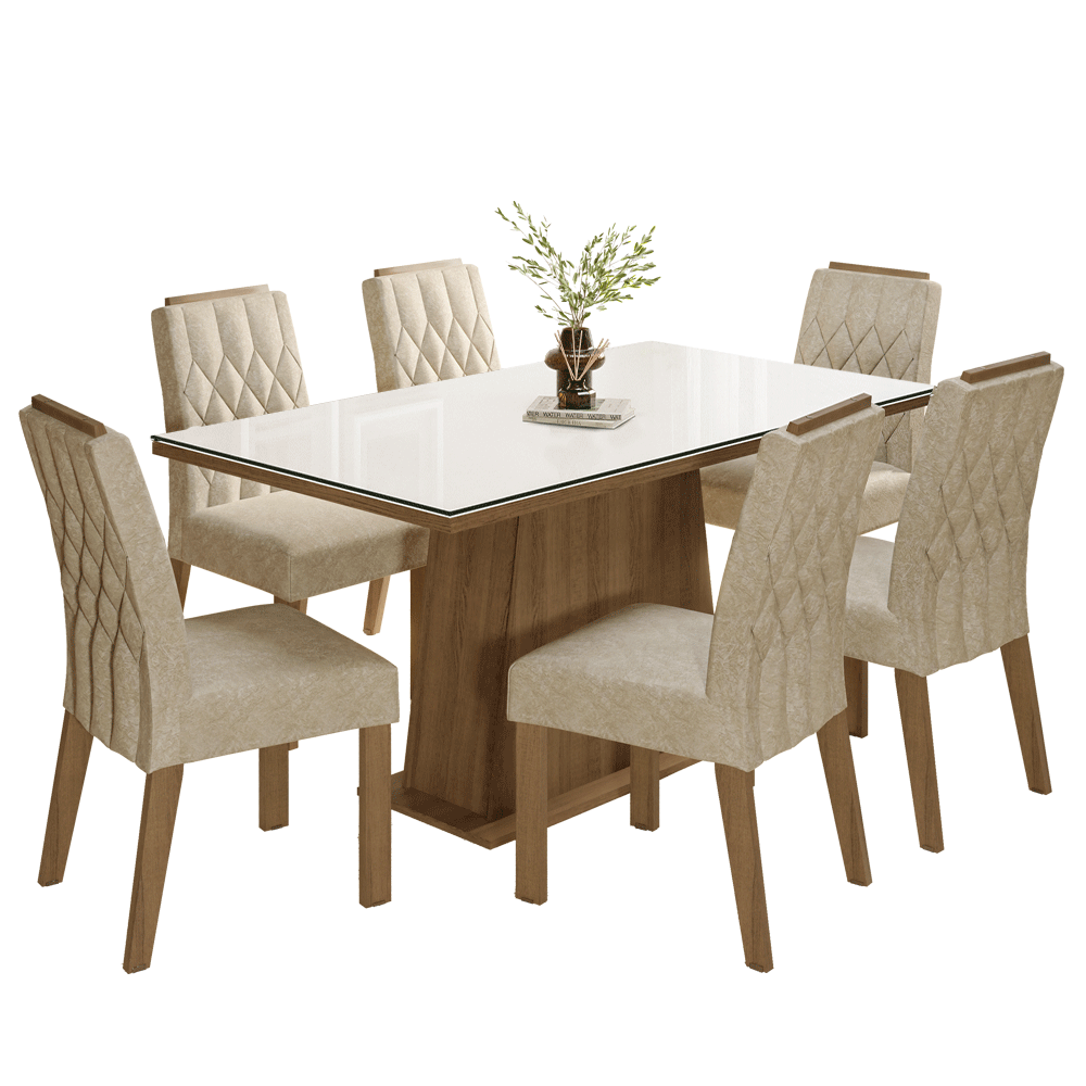Conjunto Sala de Jantar Tampo de Vidro 6 Cadeiras Rustic/Branco/Imperial Avenca Madesa