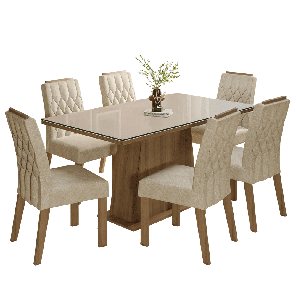 Conjunto Sala de Jantar Tampo de Vidro 6 Cadeiras Rustic/Crema/Imperial Avenca Madesa