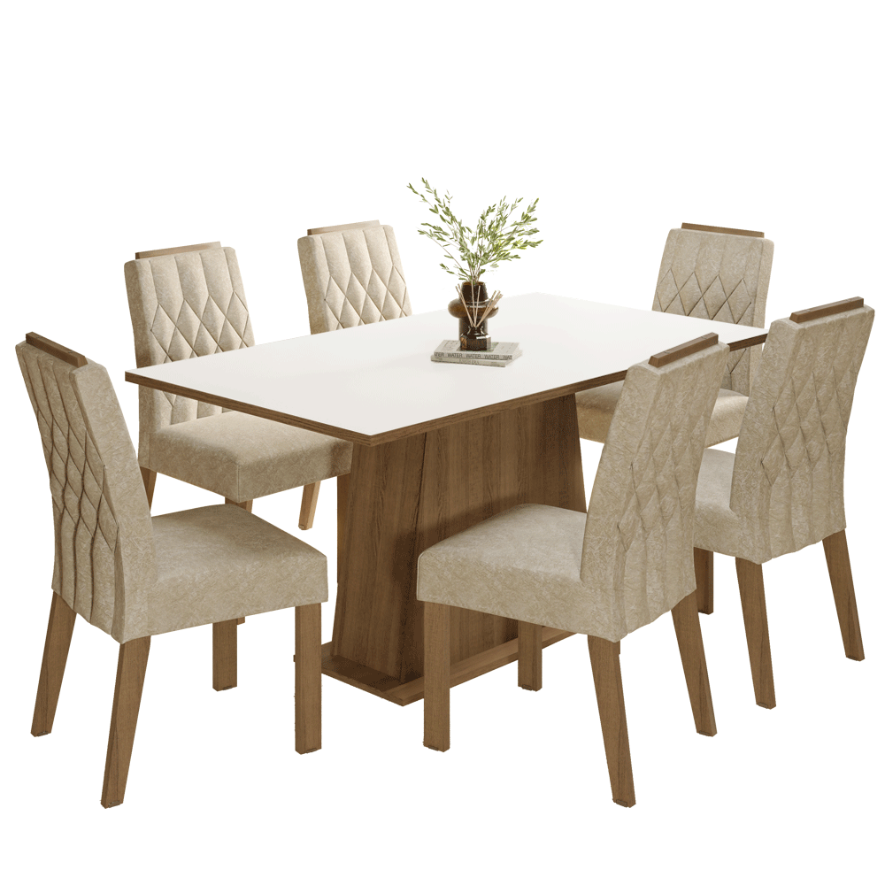 Conjunto Sala de Jantar Tampo de Madeira 6 Cadeiras Rustic/Branco/Imperial Hortelã Madesa