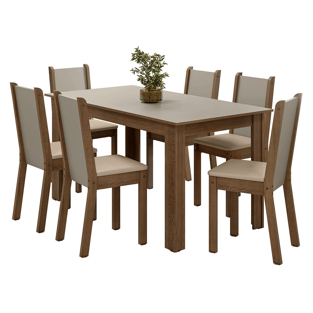 Conjunto Sala de Jantar Lucena Mesa Tampo de Madeira 6 Cadeiras Rustic/Crema/Sintético Bege Madesa