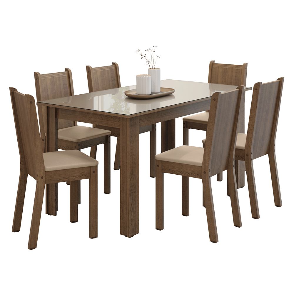 Conjunto Sala de Jantar Cereja Mesa Tampo de Vidro 6 Cadeiras Rustic/Crema/Sintético Bege Madesa