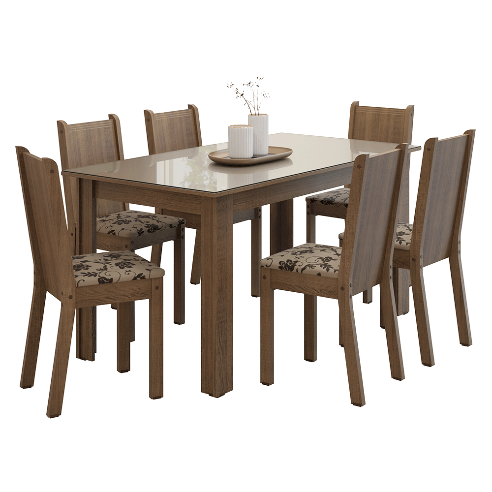 Conjunto Sala de Jantar Cereja Mesa Tampo de Vidro 6 Cadeiras Rustic/Crema/Bege Marrom Madesa