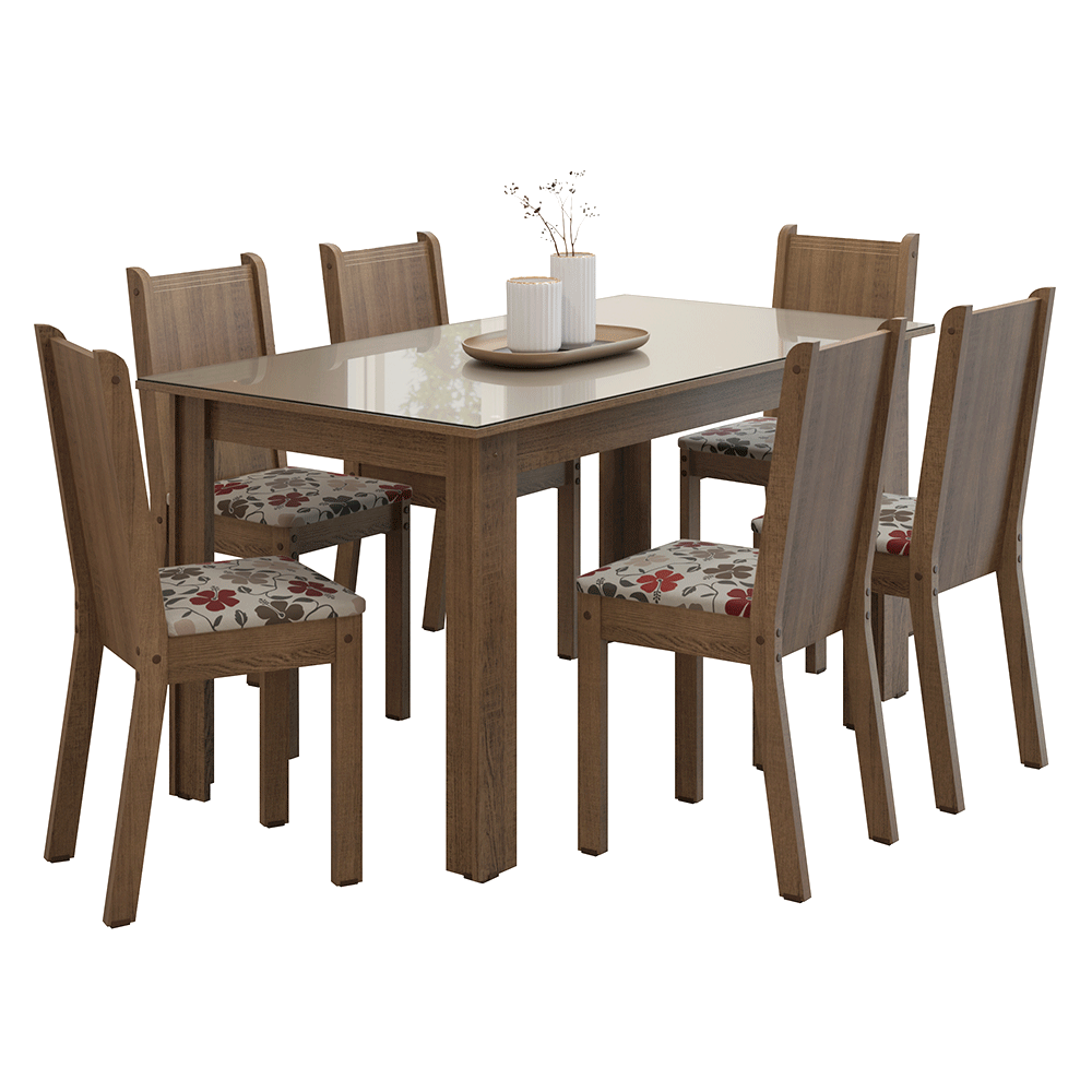 Conjunto Sala de Jantar Cereja Mesa Tampo de Vidro 6 Cadeiras Rustic/Crema/Floral Hibiscos Madesa