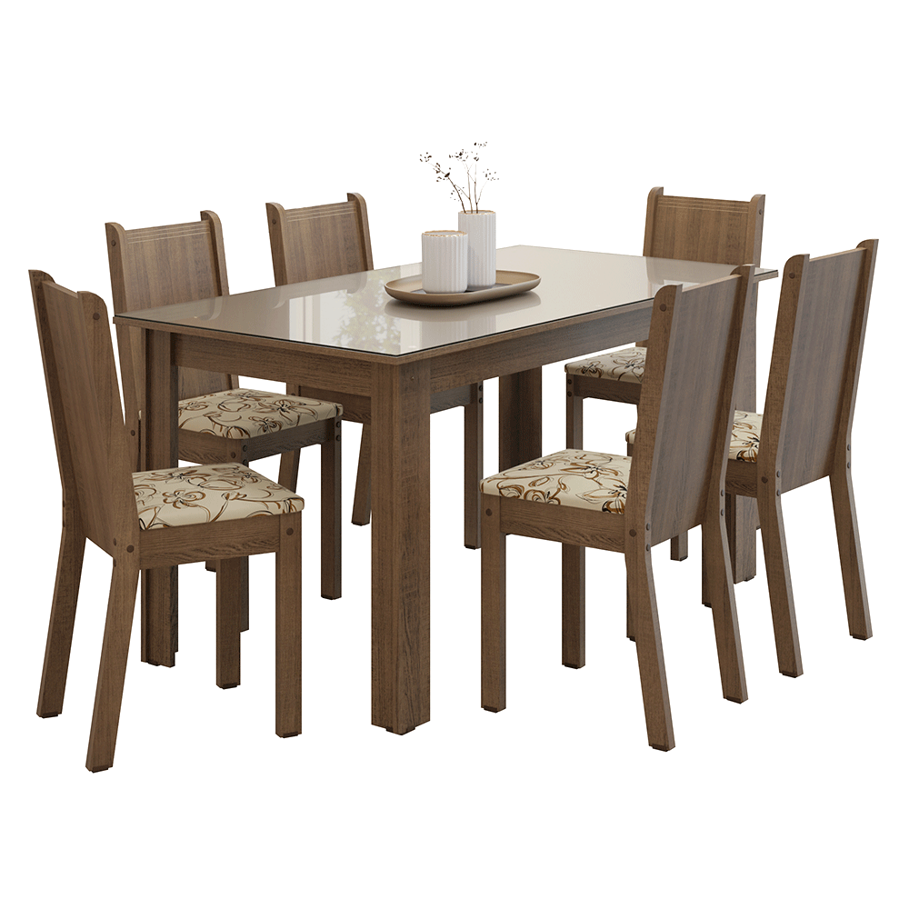 Conjunto Sala de Jantar Cereja Mesa Tampo de Vidro 6 Cadeiras Rustic/Crema/Lírio Bege Madesa