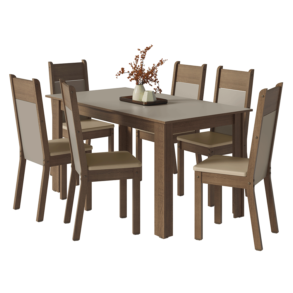 Conjunto Sala de Jantar Latte Mesa Tampo de Madeira 6 Cadeiras Rustic/Crema/Sintético Bege Madesa