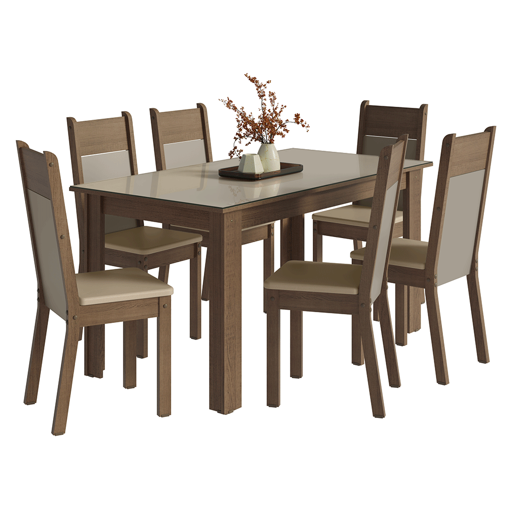 Conjunto Sala de Jantar Mocha Mesa Tampo de Vidro 6 Cadeiras Rustic/Crema/Sintético Bege Madesa