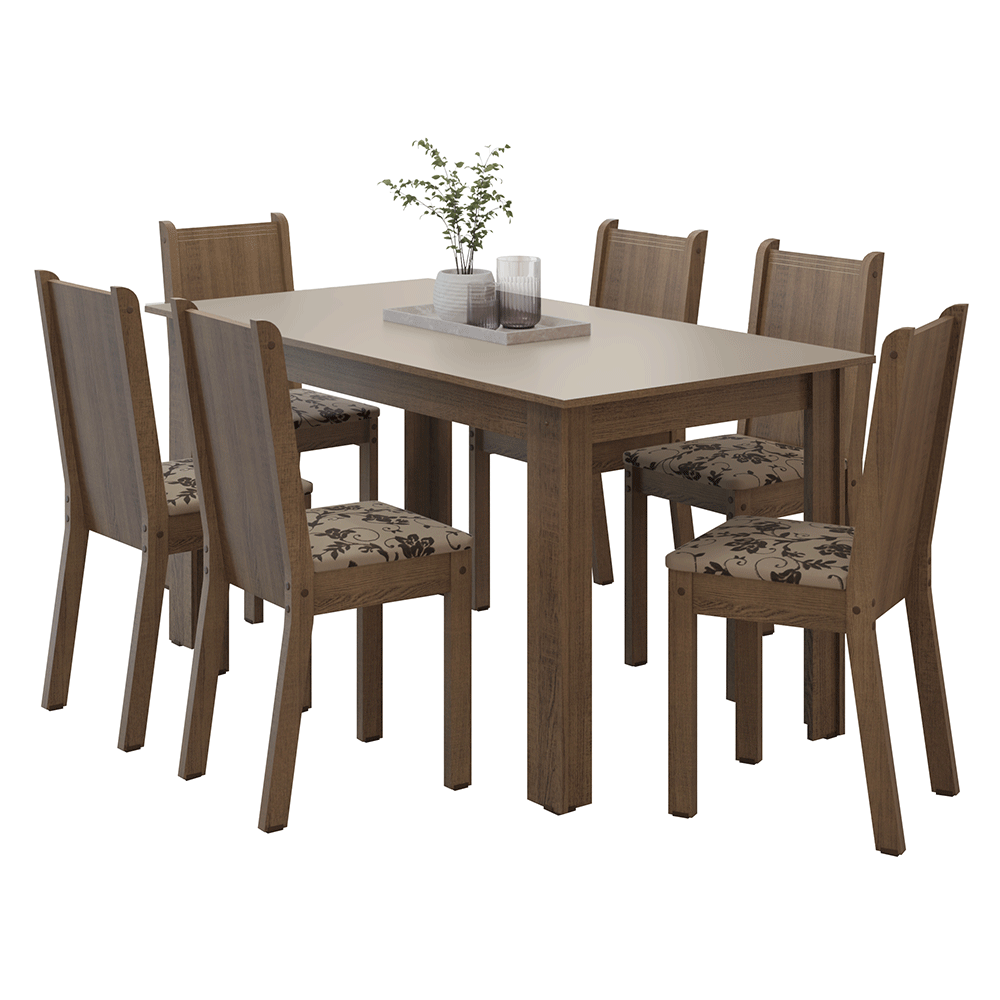 Conjunto Sala de Jantar Dolce Mesa Tampo de Madeira 6 Cadeiras Rustic/Crema/Bege Marrom Madesa