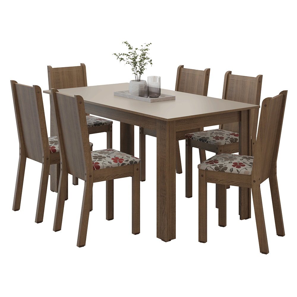 Conjunto Sala de Jantar Dolce Mesa Tampo de Madeira 6 Cadeiras Rustic/Crema/Floral Hibiscos Madesa