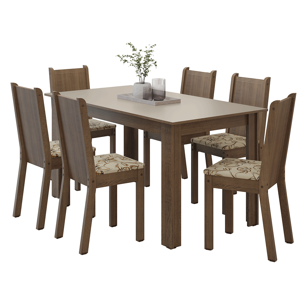 Conjunto Sala de Jantar Dolce Mesa Tampo de Madeira 6 Cadeiras Rustic/Crema/Lírio Bege Madesa