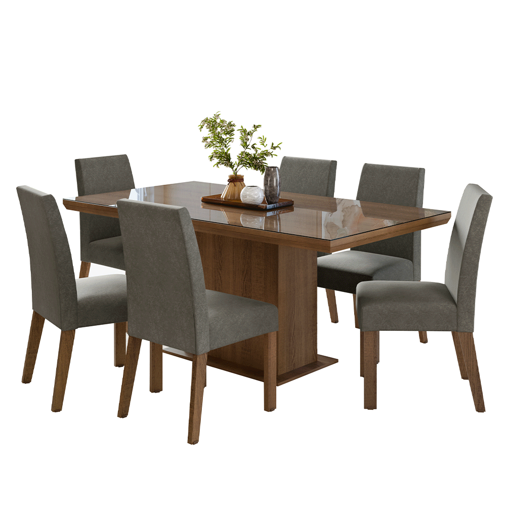 Conjunto Sala de Jantar Tampo com Vidro 6 Cadeiras Rustic/Silver Alba Madesa