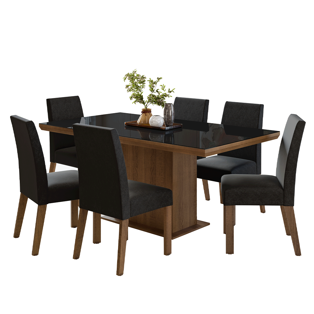 Conjunto Sala de Jantar Tampo com Vidro 6 Cadeiras Rustic/Preto/Oxford Alba Madesa
