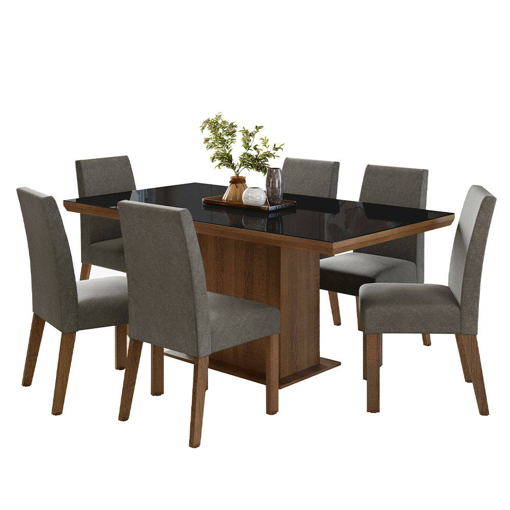 Conjunto Sala de Jantar Tampo com Vidro 6 Cadeiras Rustic/Preto/Silver Alba Madesa