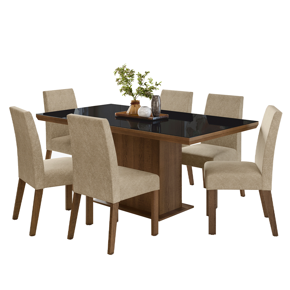Conjunto Sala de Jantar Tampo com Vidro 6 Cadeiras Rustic/Preto/Imperial Alba Madesa