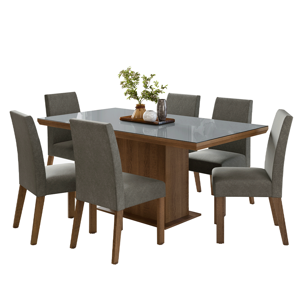 Conjunto Sala de Jantar Tampo com Vidro 6 Cadeiras Rustic/Cinza/Silver Alba Madesa