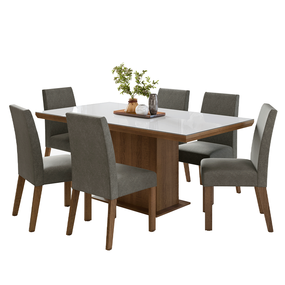 Conjunto Sala de Jantar Tampo com Vidro 6 Cadeiras Rustic/Branco/Silver Alba Madesa