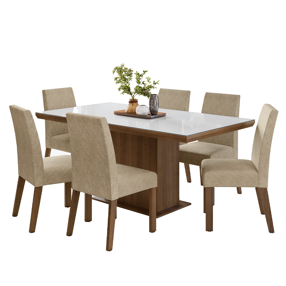 Conjunto Sala de Jantar Tampo com Vidro 6 Cadeiras Rustic/Branco/Imperial Alba Madesa