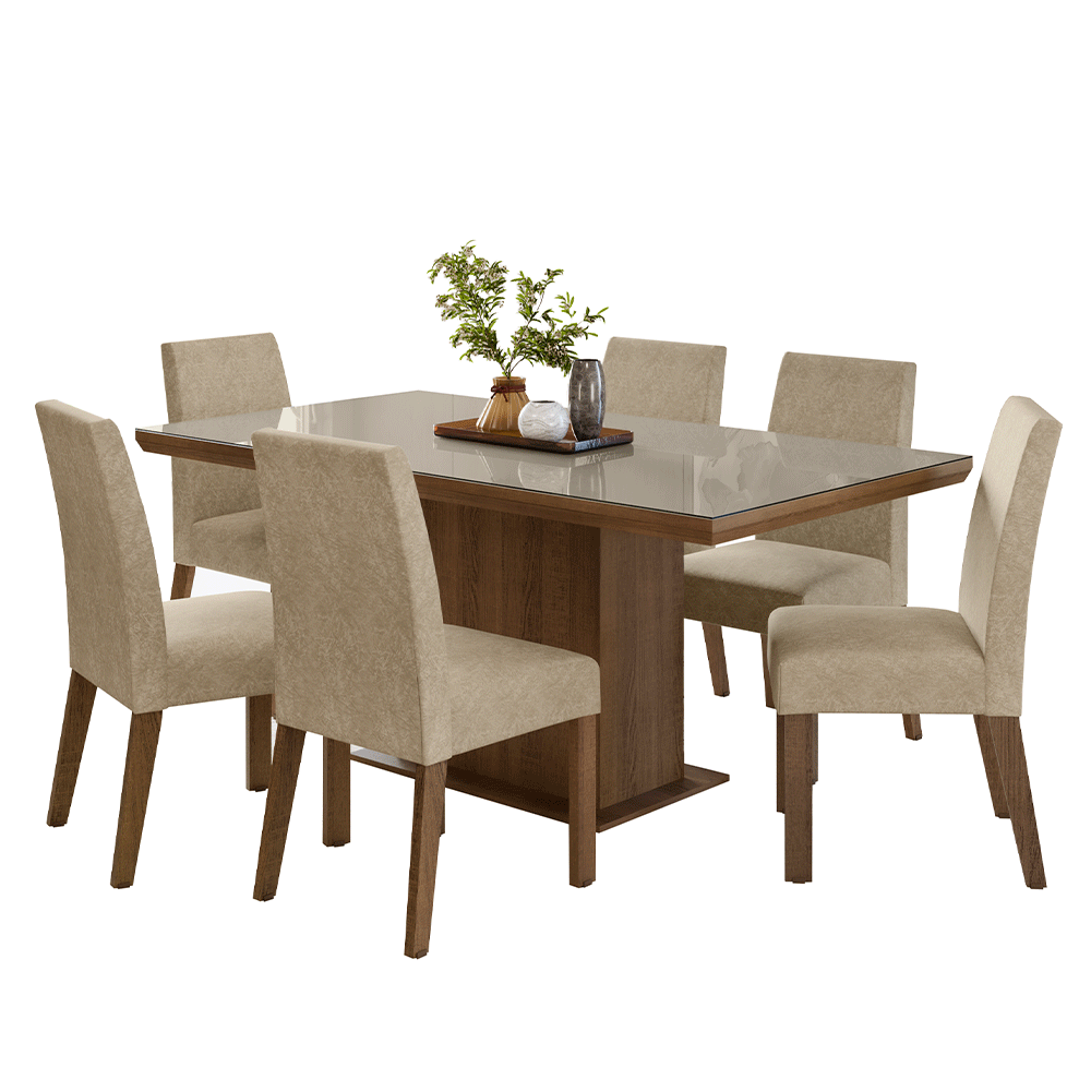 Conjunto Sala de Jantar Tampo com Vidro 6 Cadeiras Rustic/Crema/Imperial Alba Madesa