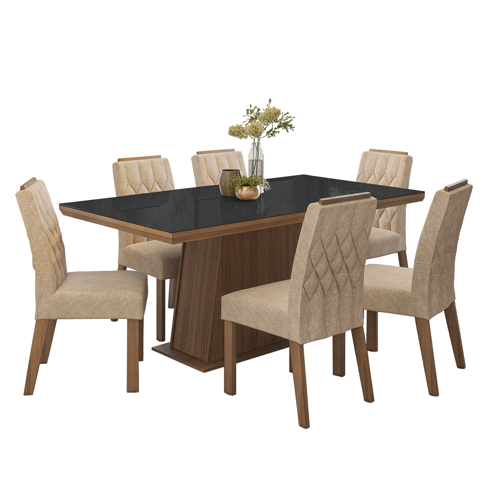 Conjunto Sala de Jantar Tampo com Vidro 6 Cadeiras Rustic/Preto/Imperial Colmar Madesa