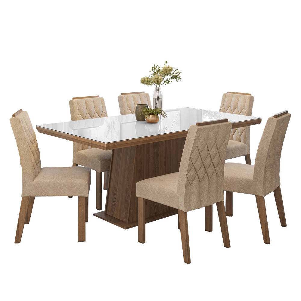 Conjunto Sala de Jantar Tampo com Vidro 6 Cadeiras Rustic/Branco/Imperial Colmar Madesa