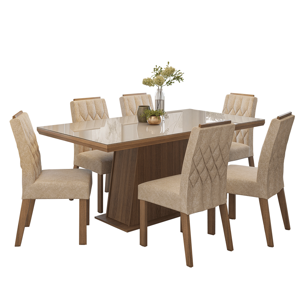 Conjunto Sala de Jantar Tampo com Vidro 6 Cadeiras Rustic/Crema/Imperial Colmar Madesa