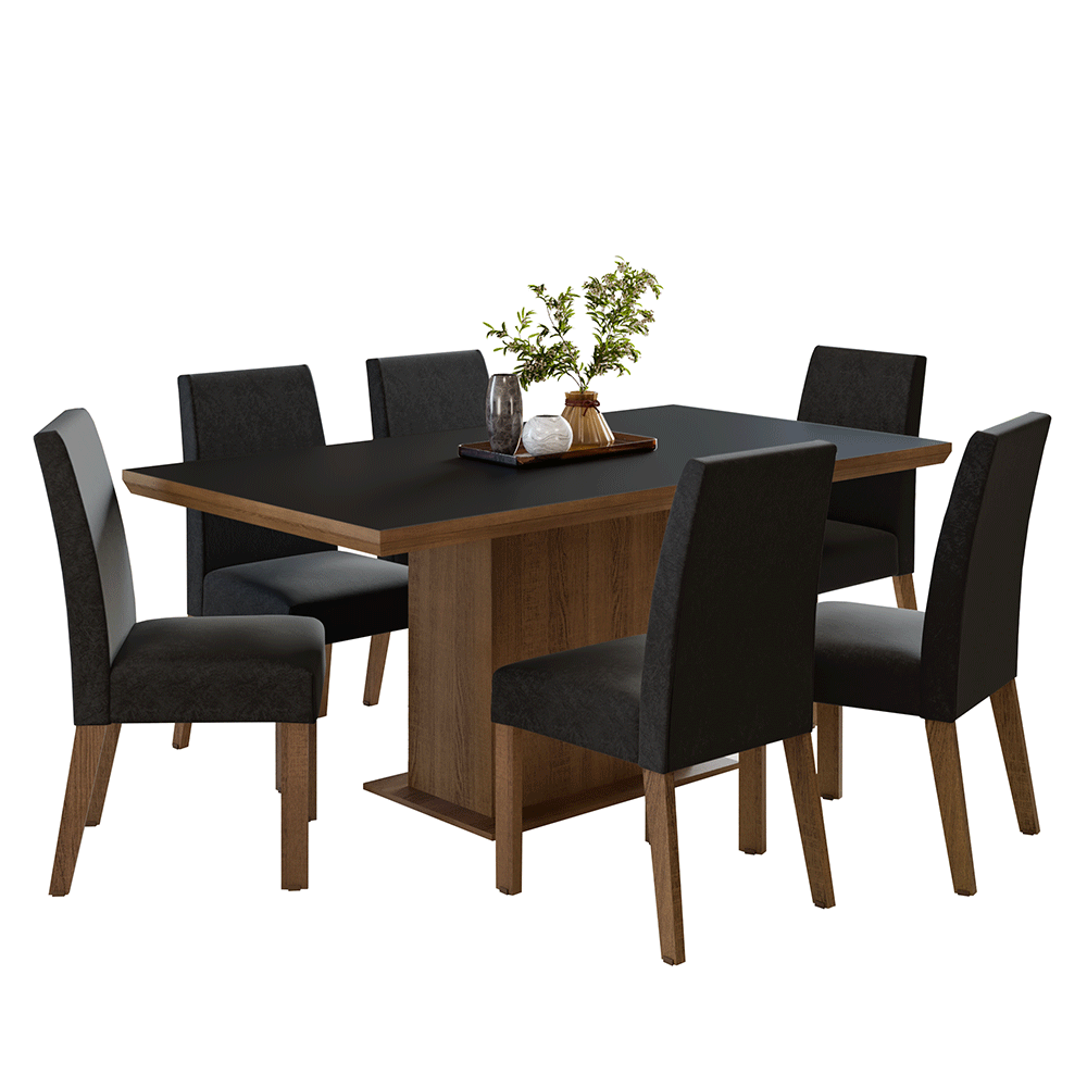 Conjunto Sala de Jantar Tampo de Madeira 6 Cadeiras Rustic/Preto/Oxford Grasse Madesa