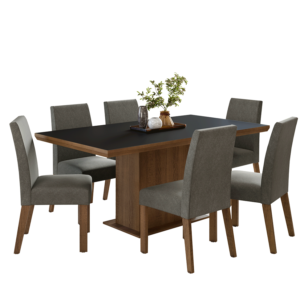 Conjunto Sala de Jantar Tampo de Madeira 6 Cadeiras Rustic/Preto/Silver Grasse Madesa