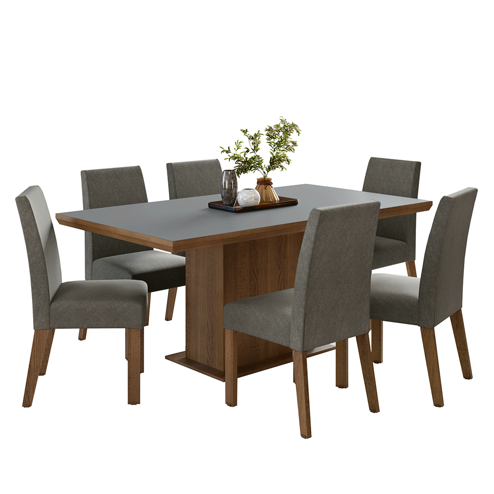 Conjunto Sala de Jantar Tampo de Madeira 6 Cadeiras Rustic/Cinza/Silver Grasse Madesa