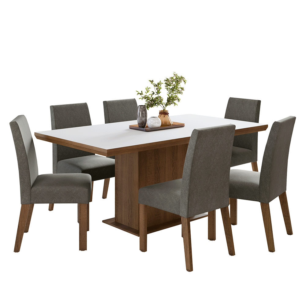 Conjunto Sala de Jantar Tampo de Madeira 6 Cadeiras Rustic/Branco/Silver Grasse Madesa