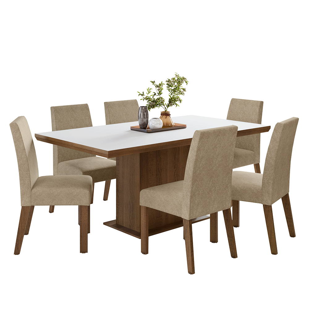 Conjunto Sala de Jantar Tampo de Madeira 6 Cadeiras Rustic/Branco/Imperial Grasse Madesa