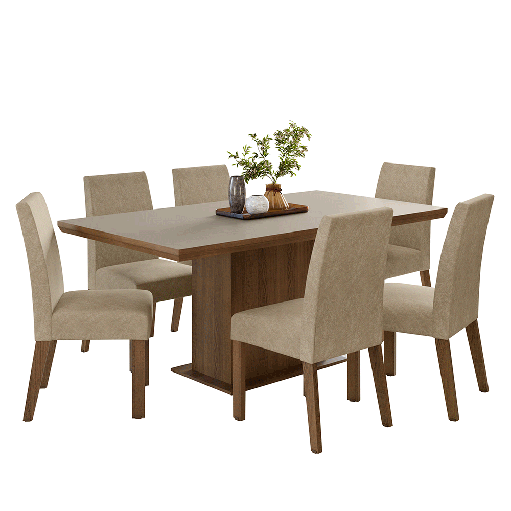 Conjunto Sala de Jantar Tampo de Madeira 6 Cadeiras Rustic/Crema/Imperial Grasse Madesa