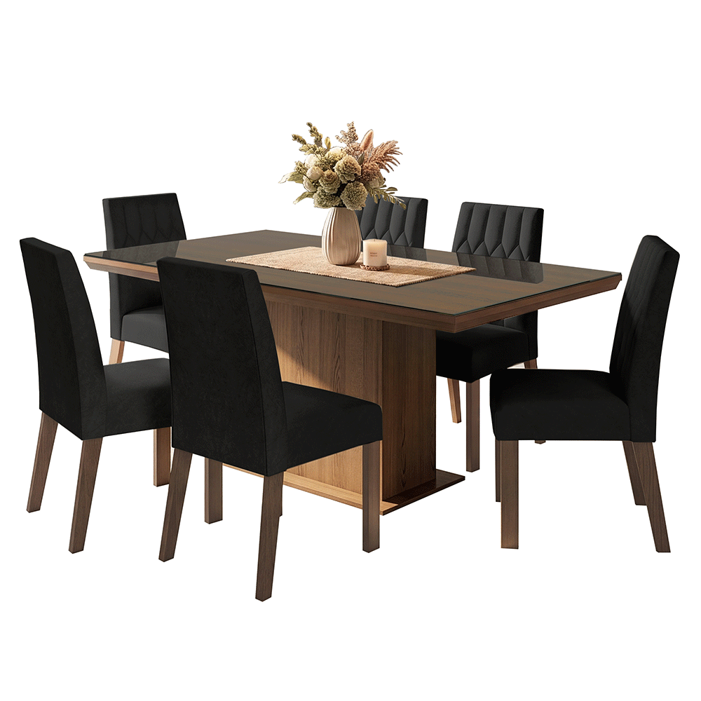 Conjunto Sala de Jantar Tampo com Vidro 6 Cadeiras Rustic/Oxford Dinan Madesa