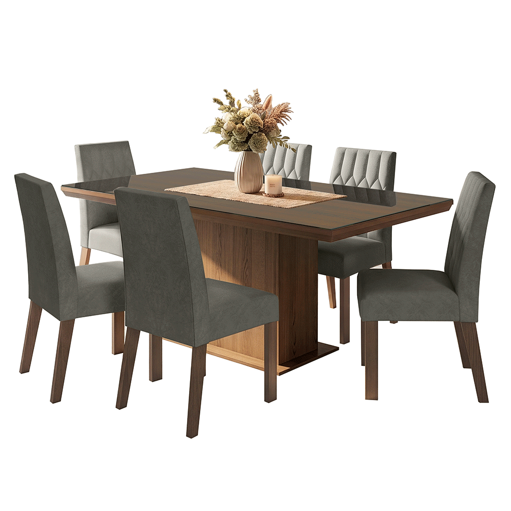 Conjunto Sala de Jantar Tampo com Vidro 6 Cadeiras Rustic/Silver Dinan Madesa