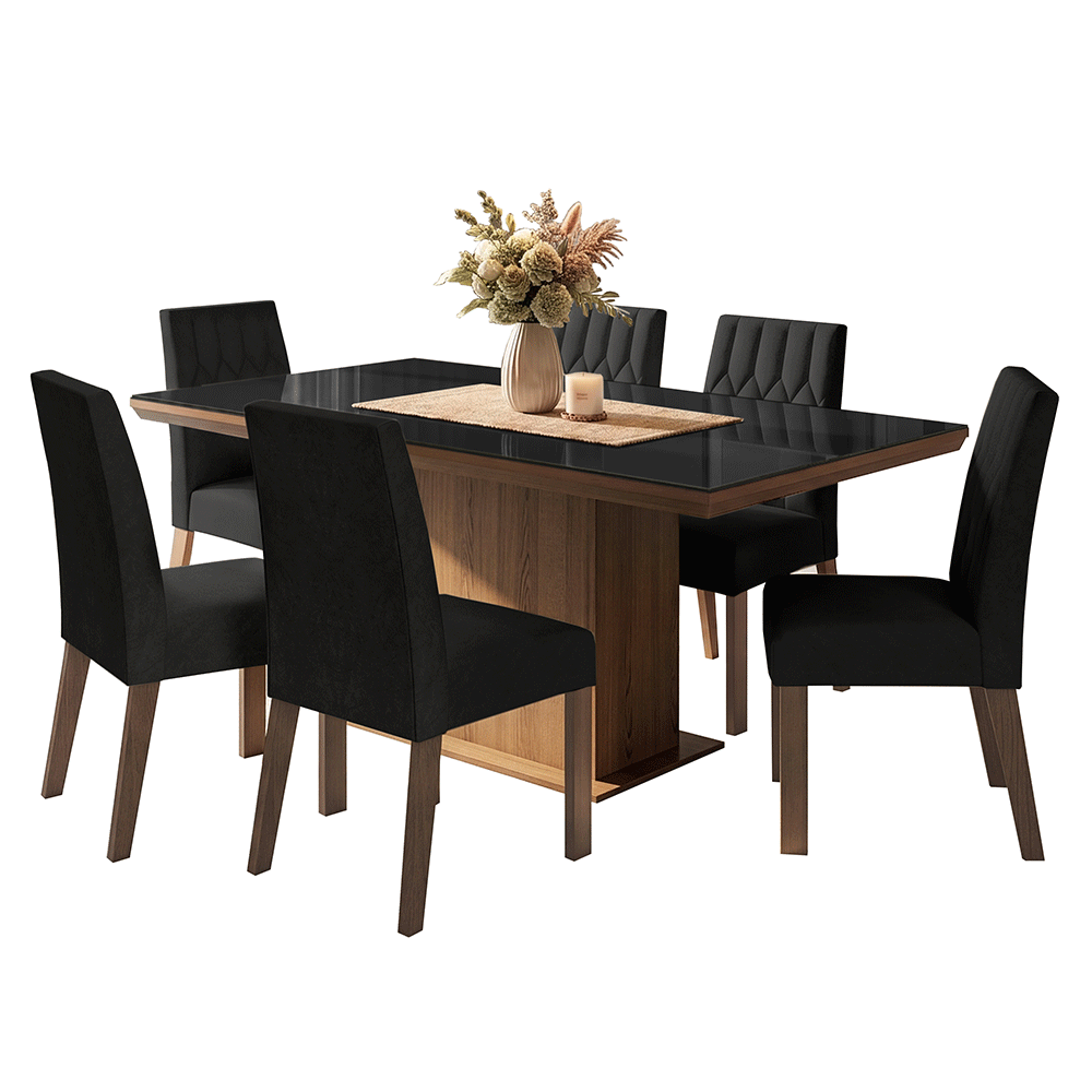 Conjunto Sala de Jantar Tampo com Vidro 6 Cadeiras Rustic/Preto/Oxford Dinan Madesa