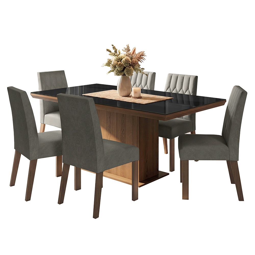 Conjunto Sala de Jantar Tampo com Vidro 6 Cadeiras Rustic/Preto/Silver Dinan Madesa