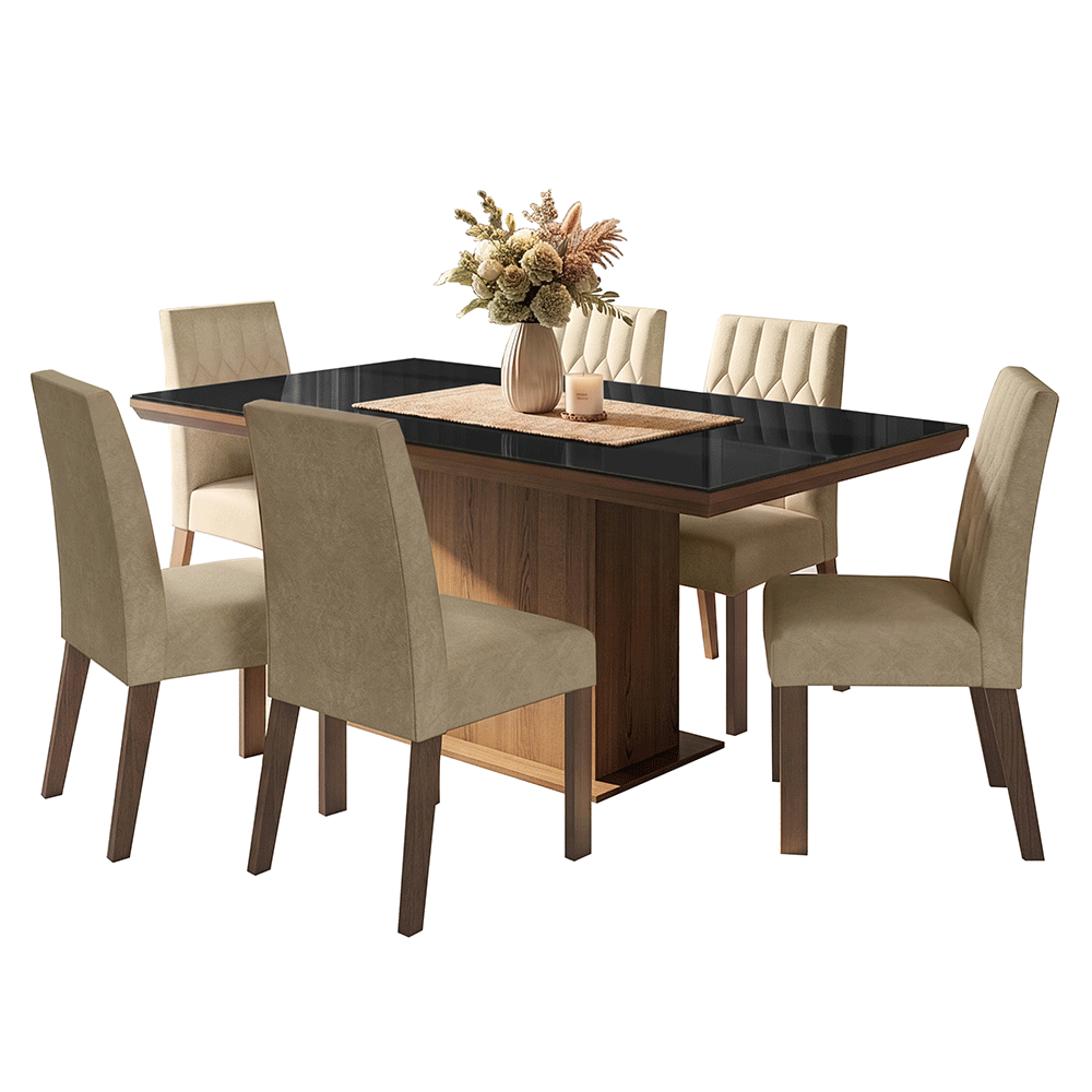 Conjunto Sala de Jantar Tampo com Vidro 6 Cadeiras Rustic/Preto/Imperial Dinan Madesa