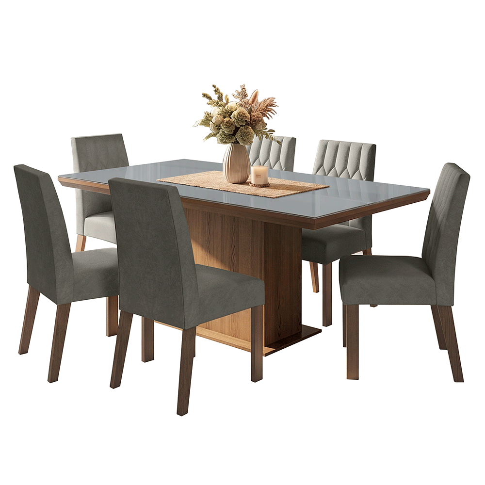 Conjunto Sala de Jantar Tampo com Vidro 6 Cadeiras Rustic/Cinza/Silver Dinan Madesa