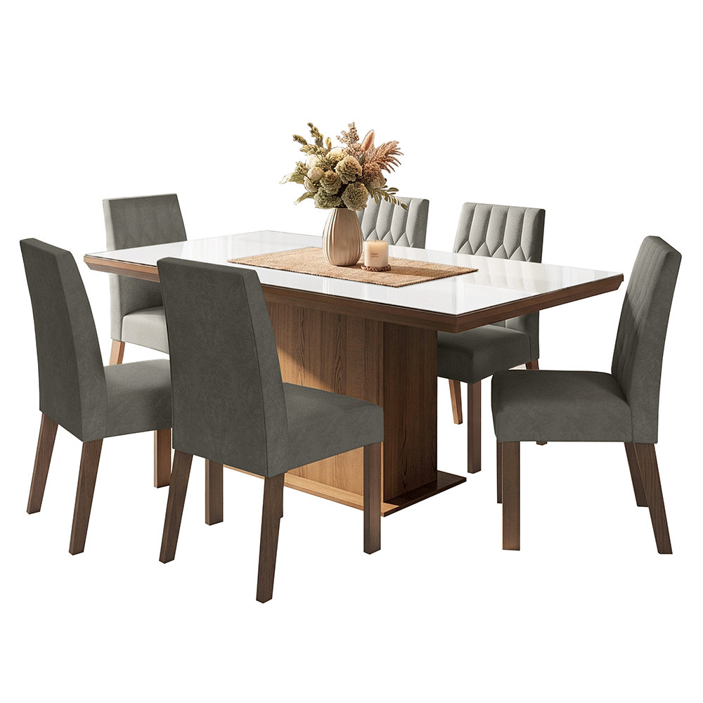 Conjunto Sala de Jantar Tampo com Vidro 6 Cadeiras Rustic/Branco/Silver Dinan Madesa