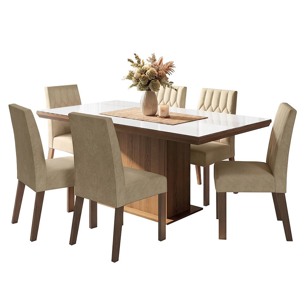 Conjunto Sala de Jantar Tampo com Vidro 6 Cadeiras Rustic/Branco/Imperial Dinan Madesa