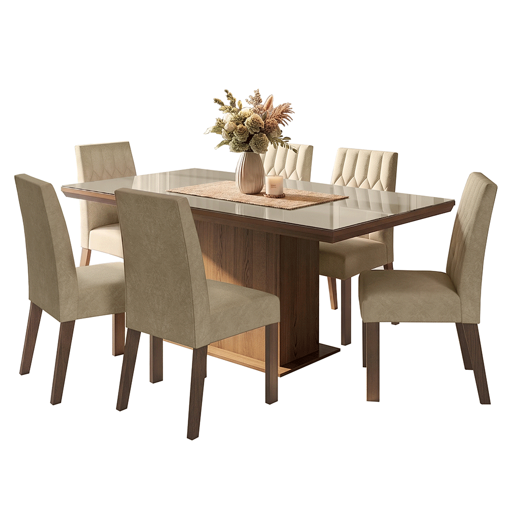Conjunto Sala de Jantar Tampo com Vidro 6 Cadeiras Rustic/Crema/Imperial Dinan Madesa