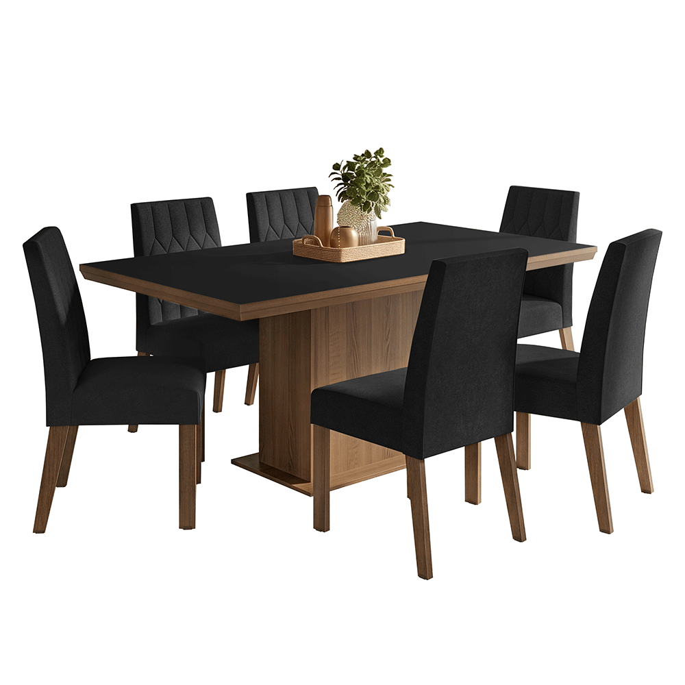 Conjunto Sala de Jantar Tampo de Madeira 6 Cadeiras Rustic/Preto/Oxford Luso Madesa