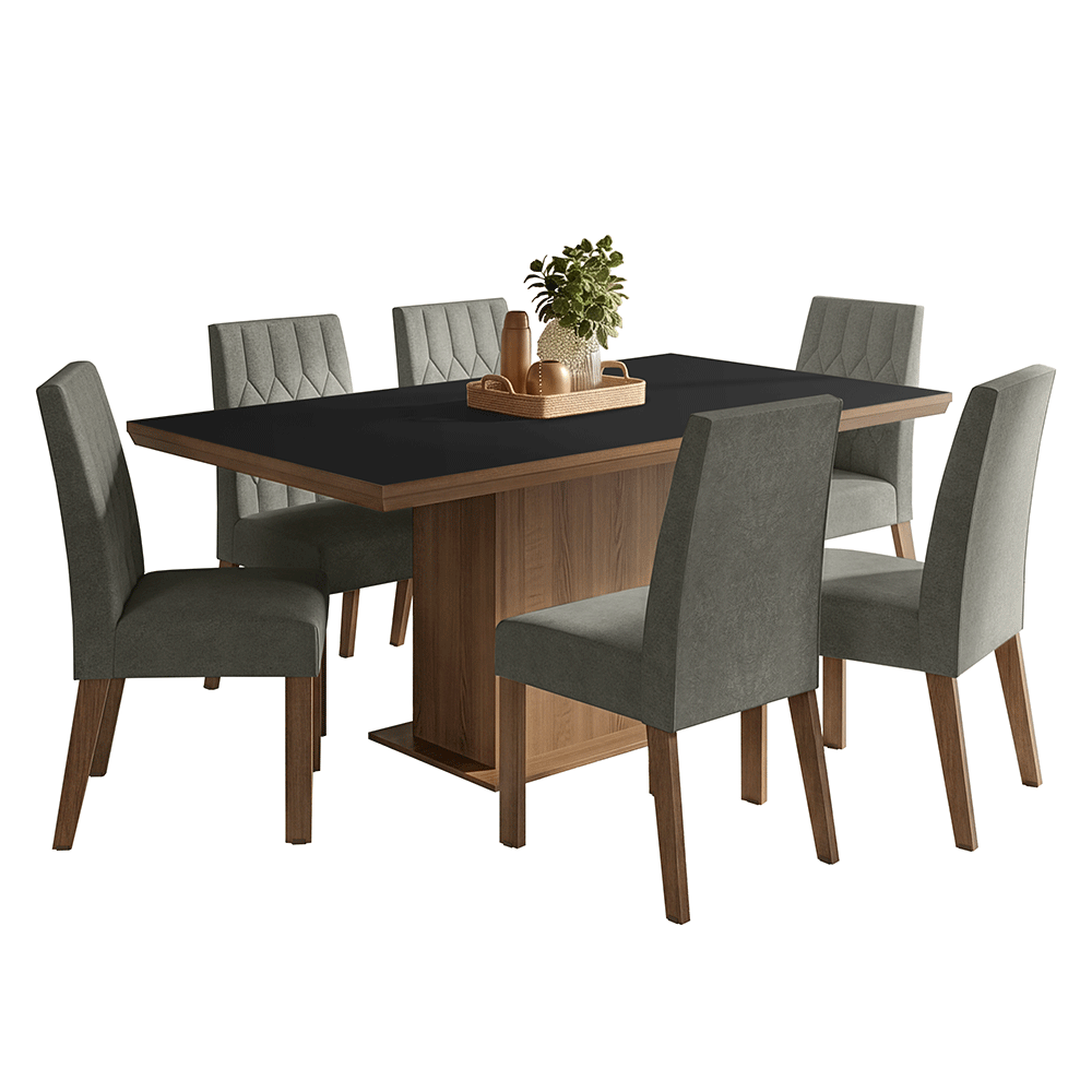 Conjunto Sala de Jantar Tampo de Madeira 6 Cadeiras Rustic/Preto/Silver Luso Madesa