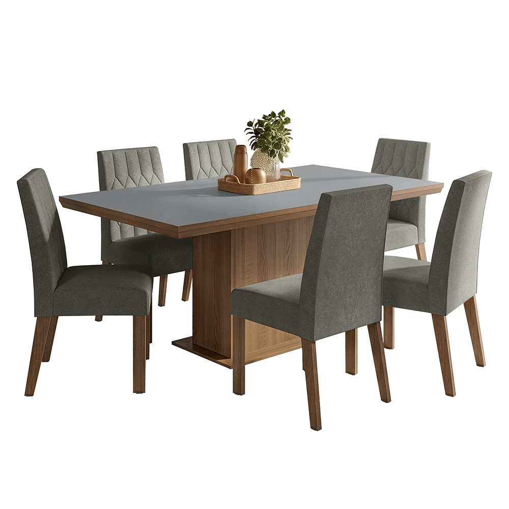 Conjunto Sala de Jantar Tampo de Madeira 6 Cadeiras Rustic/Cinza/Silver Luso Madesa