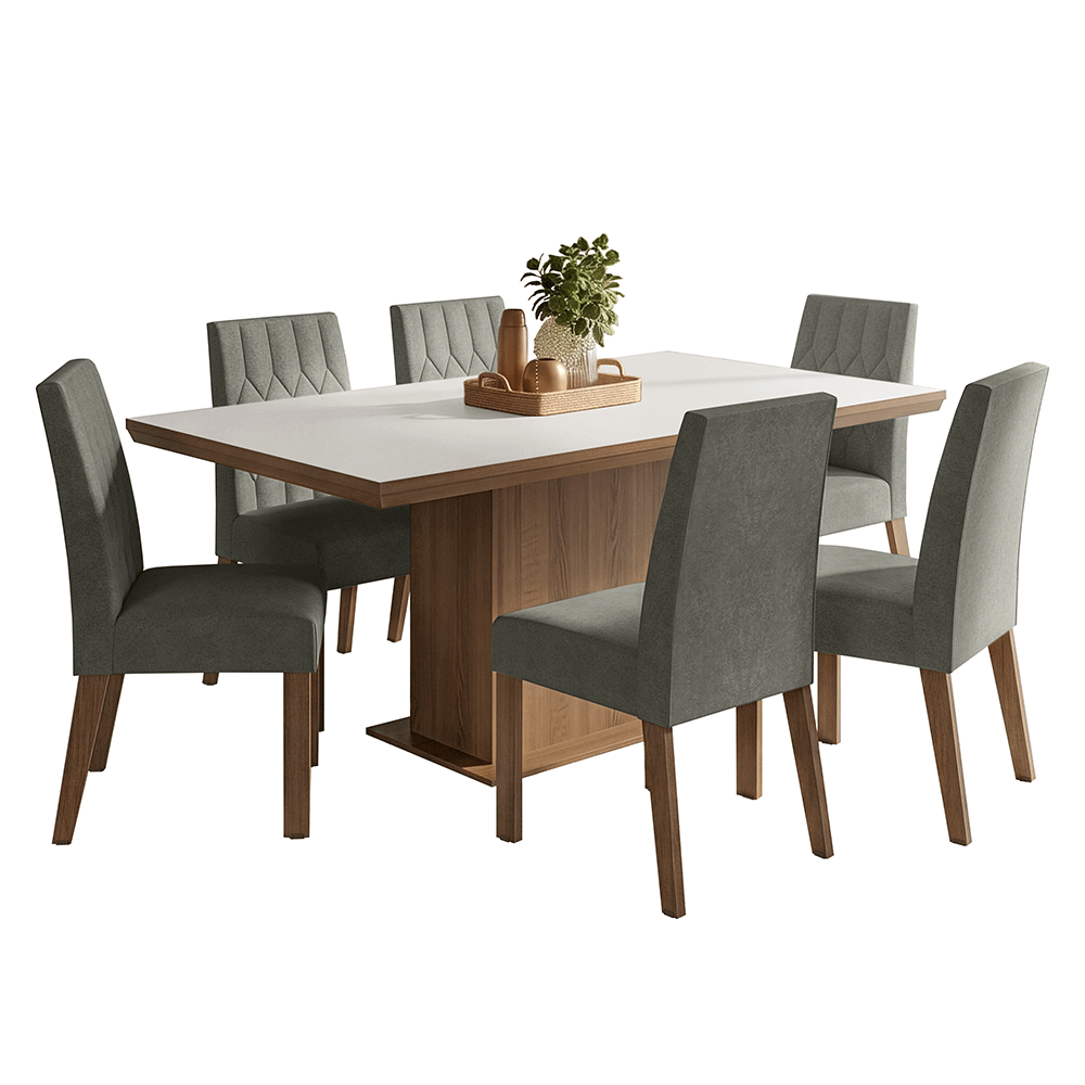 Conjunto Sala de Jantar Tampo de Madeira 6 Cadeiras Rustic/Branco/Silver Luso Madesa